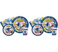 Kit Vajilla de Fiesta Sonic the Hedgehog para 8 personas (44 pcs: 8 platos Ø23cm, 8 platos Ø18cm, 8 vasos 250ml, 20 servilletas 33x33cm) de papel compostable eco-friendly (Paquete de 2)