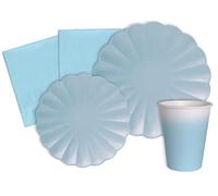 Kit Vajilla de Fiesta Unicolor Flower Shape para 24 personas (112 pcs: 24 platos Ø23cm, 24 platos Ø18cm, 24 vasos 250ml, 40 servilletas 33x33cm) de papel compostable eco-friendly, azul cielo pastel