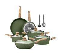 Kitchen Academy Juego de utensilios de cocina antiadherentes de granito, 12 piezas, compatible con inducción, juego de sartenes verdes con sartén y cacerola, sin PFOA