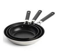 KitchenAid Classic Stainless Steel Set de 3 Sartenes de Acero Inoxidable con Cerámica Antiadherente Sin PFAS, 20cm, 24 cm y 28 cm, Clad, Inducción, Mango Stay-Cool, Apto para Horno hasta 160°C, Plata