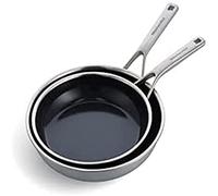 KitchenAid Juego de sartenes antiadherentes de cerámica de acero inoxidable de 24 cm y 28 cm, de inducción, revestimiento múltiple, color plateado