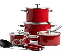 KitchenAid Juego de utensilios de cocina esmaltados con núcleo de acero de 10 piezas con tapas, esmalte de ingeniería alemana, apto para inducción, apto para horno, lavavajillas, rojo imperio