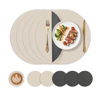 KitchenBoss Manteles Individuales Lavables Ø 38cm y Posavasos: Salvamanteles Individuales Redondo Juego de 6, Mantel Individual de Doble Cara, Gris Carbón + Beige