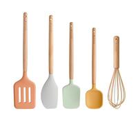 KitchenCraft Idilica Silicone Tool Set, Juego de utensilios de cocina de 5 piezas con mangos de madera de haya FSC, utensilios de cocina multicolor
