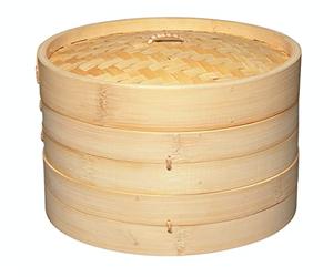 KitchenCraft World Of Flavours Vaporera Asiática de Madera de Bambú con Cubierta 2 Niveles 25.5 x 16 x 16 cm