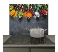 KitchenYeah© Antisalpicaduras Cocina 51x59 cm Protector Salpicaduras Pared Chapa Kitchen Panel Vitrocerámica Accesorios Salpicadero Decoración Hormigón - Especias - Cucharas