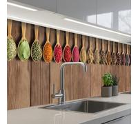 KitchenYeah© Antisalpicaduras Cocina 60x300 cm Adhesivo Salpicadero Protector de Salpicaduras Panel Cucharas - Hierbas - Madera