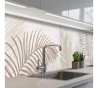 KitchenYeah© Antisalpicaduras Cocina 60x500 cm Adhesivo Salpicadero Protector Pared Salpicaduras Revestimiento Hojas - Beige - Botánico - Vintage