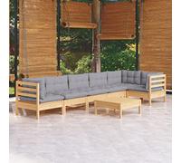 kithwjll Juego de muebles de jardín de 7 piezas con tapicería gris de pino para terraza, balcón y jardín, conjunto de salón con partes centrales y esquinas, taburetes, mesas