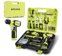 KITLUCK Juego de taladro eléctrico, 180 piezas de herramientas manuales para el hogar con taladro de 8 V, kit de caja de herramientas portátil con destornillador, alicates, llave, enchufe, dañador