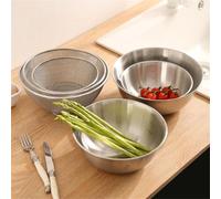 Kivivaka Juego de cuenco y colador apilable de acero inoxidable con colador de malla fina para enjuagar verduras, fideos, carne, 3 tamaños, color plateado