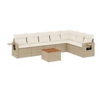 KKgypkn Banco de jardín de 8 piezas con cojín de poliratán beige, grupo de asientos con mesa auxiliar de madera de acacia, juego modular de banco de jardín con fundas extraíbles
