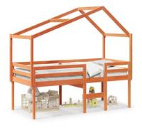 KKgypkn Cama alta con techo en color marrón encerado de 90 x 200 cm de madera maciza de pino, práctica litera con escalera integrada y barandilla, muebles para dormir estables para un uso óptimo del