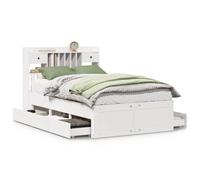 KKgypkn Cama de madera maciza con estante sin colchón, color blanco, 135 x 190 cm, somier de láminas de pino y cajón inferior de la cama para un almacenamiento óptimo y encanto rústico