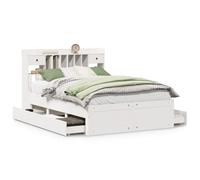 KKgypkn Cama de madera maciza con estante sin colchón, color blanco, 150 x 200 cm, somier de láminas de pino y cajón inferior de la cama para un almacenamiento óptimo y encanto rústico