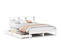 KKgypkn Cama de madera maciza con estantería y somier de listones, sin colchón, color blanco, 135 x 190 cm, madera de pino, marco estable con cajón inferior y cabecero para adultos que ahorra espacio