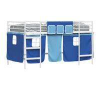 KKgypkn Loft - Marco de cama con cortinas blancas y azules, juego de 4 piezas con marco de metal resistente y cabecero que ahorra espacio para un entorno de sueño estable y área de juegos creativa