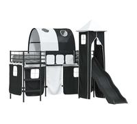 KKgypkn Moderna Cama Altillo con Tobogán, Cortina y Torre en Negro - 4 Elementos de Juego para Diversión Creativa - Marco de Metal Robusto 99,5 x 190 cm con somier de láminas y colchón multizona