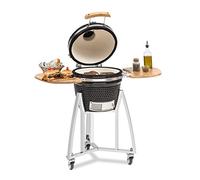 Klarstein Queensize Kamado Grill, Barbacoa de Cerámica tipo Huevo para Asar, Cocción Lenta, Ahumar y Hornear, Estantes Laterales Extraíbles, Cerámica/Acero/Bambú, Termómetro 0-450°C, 3 Ruedas, Negro