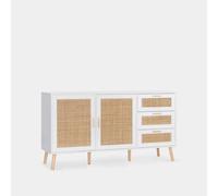KLAST Aparador de Madera Tahiti en Color Blanco y Ratán Natural, 148 cm con 2 Puertas y 3 Cajones, Ideal para Almacenamiento y Estilo en el Hogar