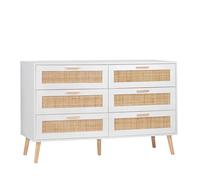 KLAST Cómoda Tahiti de 6 cajones en Madera Blanca y ratán Natural para Dormitorio, Almacenamiento Elegante y Funcional, diseño Acogedor y contemporáneo