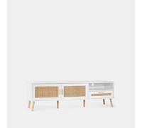 KLAST Mueble de TV Tahiti 160 cm en Madera Blanca y ratán Natural con 2 Puertas, cajón y Estante para Almacenamiento en salón y Comedor