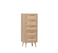 KLAST Sinfonier de 5 Cajones en Madera Natural y Ratán, Ideal para Organizar el Dormitorio y Maximizar el Espacio. Combínalo con Otros Muebles de la Colección.