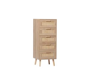 KLAST Sinfonier de 5 Cajones en Madera Natural y Ratán, Ideal para Organizar el Dormitorio y Maximizar el Espacio. Combínalo con Otros Muebles de la Colección.