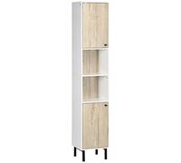 kleankin Armario Alto de Baño Columna Auxiliar de Baño con 2 Puertas y 6 Estantes para Ducha Aseo Dormitorio Estilo Moderno 31,5x30x169 cm Blanco y Roble