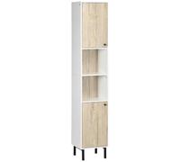 kleankin Armario Alto de Baño Columna Auxiliar de Baño con 2 Puertas y 6 Estantes para Ducha Aseo Dormitorio Estilo Moderno 31,5x30x169 cm Blanco y Roble