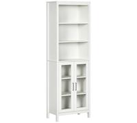 kleankin Armario Alto de Baño con 2 Puertas de Vidrio y 3 Estantes Abiertos Columna Auxiliar de Baño para Salón Aseo Dormitorio Estilo Moderno 53x30x162 cm Blanco