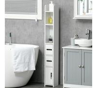kleankin Armario Alto de Baño Columna de Baño con 3 Puertas 3 Estantes Abiertos y Sistema Antivuelco Armario de Baño Estilo Moderno 15x17x120 cm Blanco
