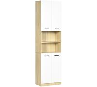 kleankin Armario Alto de Baño con 4 Puertas 2 Estantes Abiertos y Estantes Ajustables 53x33,5x195,7 cm Blanco y Roble