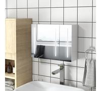 kleankin Armario con Espejo de Baño LED 90x15x70 cm Blanco Brillante | Mueble de Pared Colgante, 3 Puertas, Estantes Ajustables, Interruptor Táctil y USB