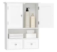 kleankin Armario de Baño de Pared, Armario Colgante, Mueble Suspendido de Baño, 2 Puertas con Cierre Magnético, 2 Cajones y Estante Abierto, para Cocina, Lavadero, 50,8x17,8x66 cm, Blanco