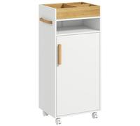 kleankin Armario de Baño Moderno Columna Auxiliar de Baño Mueble de Suelo con Estantes Ajustables Armario Bandeja Extraíble y Ruedas 40x30x88 cm Blanco y Roble