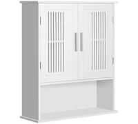 Kleankin armario de pared para baño multiusos mueble de baño suspendido armario colgante de almacenamiento con 2 puertas de listones estante ajustable y compartimento 60x20x70 cm blanco