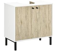 kleankin Armario Moderno bajo Lavabo 60x30x60cm Blanco y Madera | Mueble de baño, armario con vanidad, patas metálicas, puertas dobles