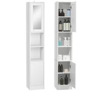 kleankin Columna de baño Alta con Espejo 30x28x170 cm Blanco | Armario estrecho de 2 puertas, compartimentos abiertos, estantes ajustables, para espacios pequeños.