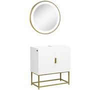 Kleankin conjunto de baño juego de mueble para debajo del lavabo con patas de acero y espejo de baño con luz led interruptor táctil 60x30x65 cm ø60x4 cm blanco y dorado 30 cm