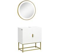 Kleankin conjunto de baño juego de mueble para debajo del lavabo con patas de acero y espejo de baño con luz led interruptor táctil 60x30x65 cm ø60x4 cm blanco y dorado 30 cm