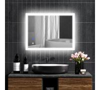 kleankin Espejo de Baño con Luces LED Regulable en 3 Colores 80x60 cm | Espejo de Pared,Antivaho,Luces Retroiluminado,Función de Memoria,Ajuste de Brillo,Interruptor Táctil,Horizontal/Vertical