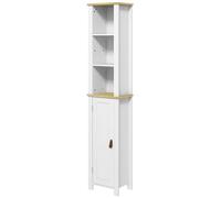 kleankin Mueble Auxiliar de Baño Columna de Baño Armario de Baño con Estantes Abiertos Estante Regulable Puerta y Sistema Anti-vuelco 34x23x165 cm Blanco