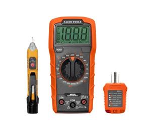 Klein Tools 69149P Kit de prueba eléctrica con multímetro digital, probador de voltaje sin contacto y probador de toma de corriente, cables y baterías, verde, rojo