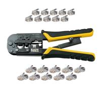 Klein Tools VDV226-817 - Kit de instalación modular, amarillo, acero de alto carbono, agarre ergonómico, incluye crimpadora/pelacables de trinquete, conectores RJ11/RJ45, conector CAT5e