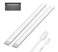 Klighten 2 Piezas Luz de Armario 60CM Recargable USB, Led Cocina Bajo mueble con Sensor Movimiento, 3 Modos, Luces Armario Adhesiva Magnetica Pilas, 113 LEDs, Blanco frío 6000K, 3200mah, Plata