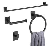 KLJKPA - Juego de accesorios de baño negro mate, 4 piezas, barra de toalla de 24 pulgadas, toallero y ganchos para toallas, soporte para papel higiénico