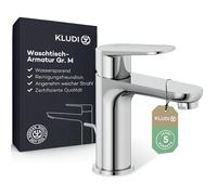 KLUDI - X1 grifo de lavabo con desagüe de barra de tracción, altura de caño 95 mm, grifo de ahorro de agua tamaño M, cartucho de cerámica, grifo mezclador de lavabo, incluye mangueras de conexión en