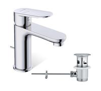 KLUDI -X1 Grifo de lavabo cromado con desagüe de tirador, grifo de ahorro de agua tamaño M, altura de caño 95 mm, cartucho de cerámica, grifo mezclador de lavabo con mangueras de conexión, arranque en