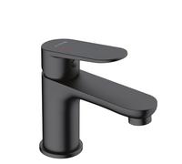 KLUDI - X1 grifo de lavabo negro mate, ahorro de agua, grifo de baño tamaño S, altura de caño 75 mm, cartucho de cerámica, grifo mezclador de lavabo con mangueras de conexión, arranque en frío
